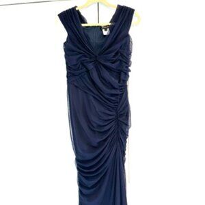 SZL TADASHI SHOJI NAVY FULL LENGTH STRETCH GRECIAN RUCHED EVENING GOWN USED